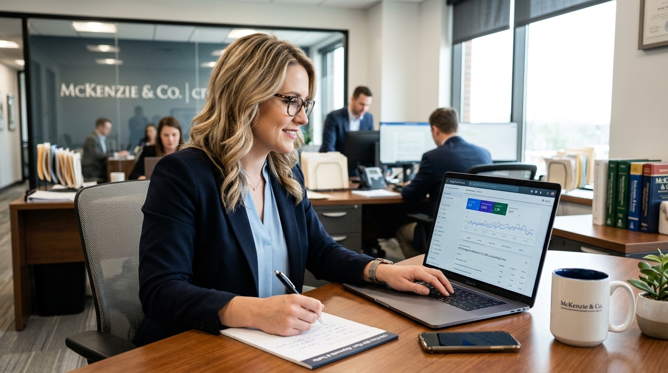 An accountant reviewing a search performance report on a laptop in a CPA firm office
