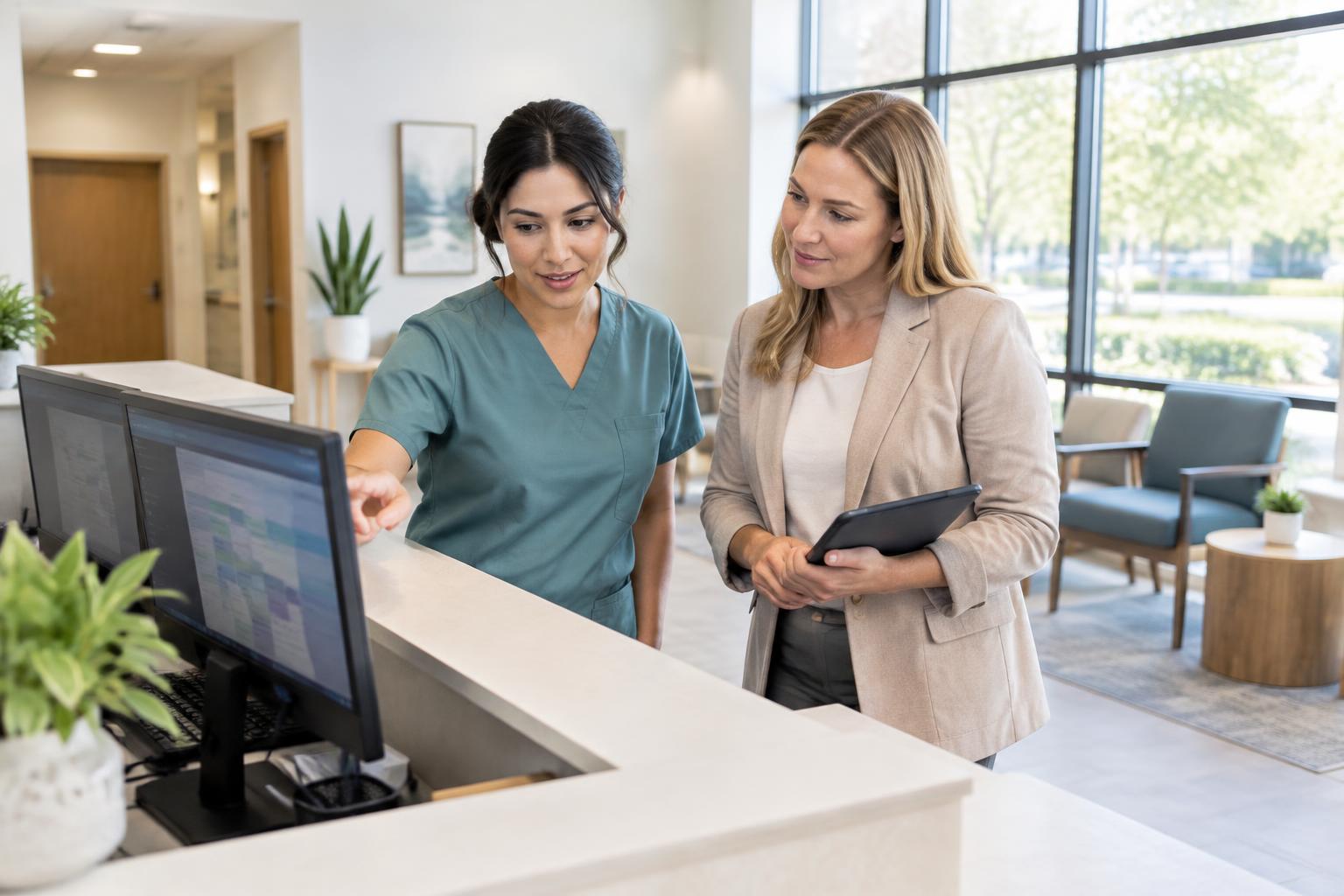 Two healthcare professionals discussing practice operations at a clinic reception desk