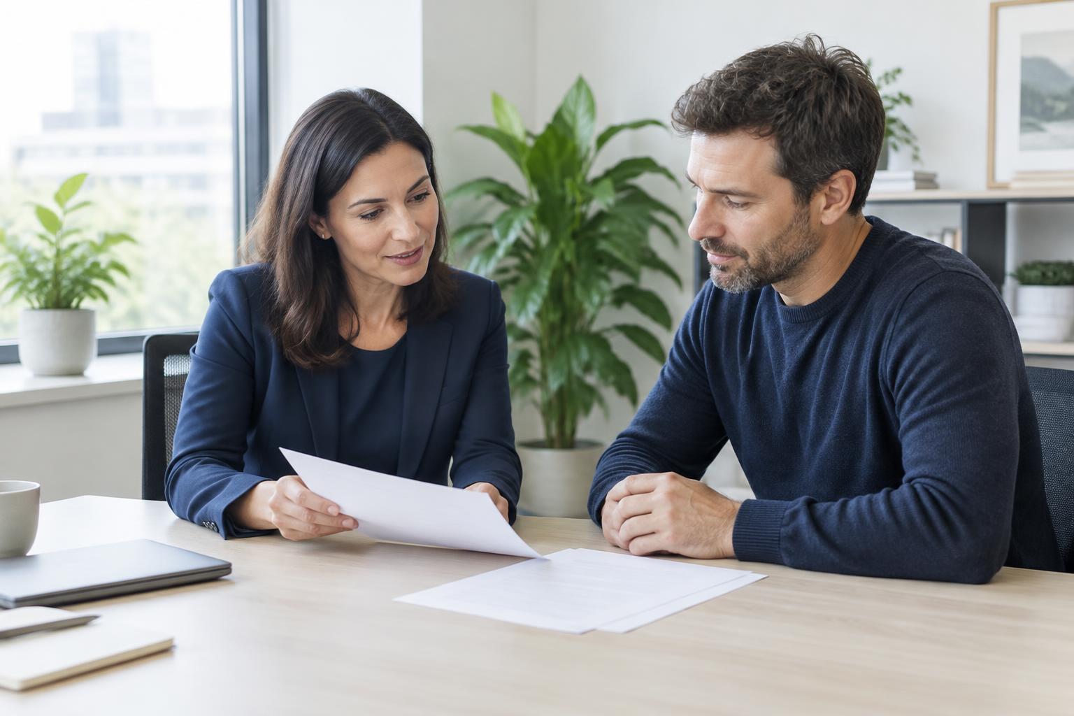 Insurance advisor and business owner reviewing documents at a desk