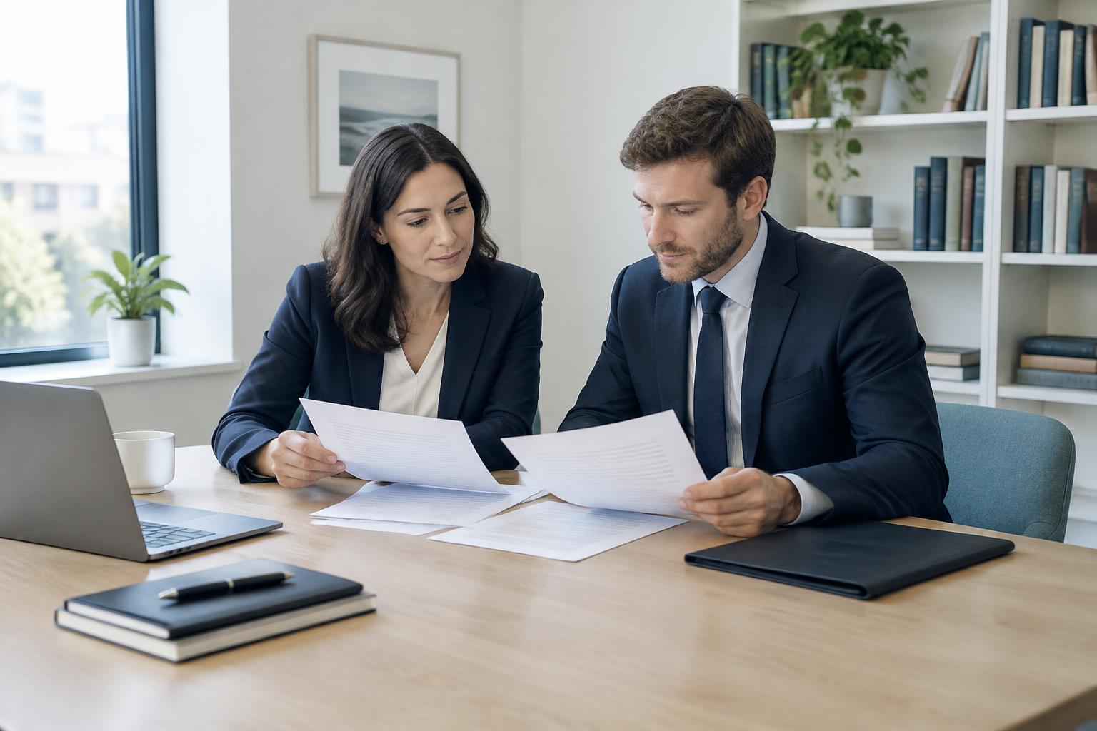 Two legal professionals reviewing documents in a bright meeting room