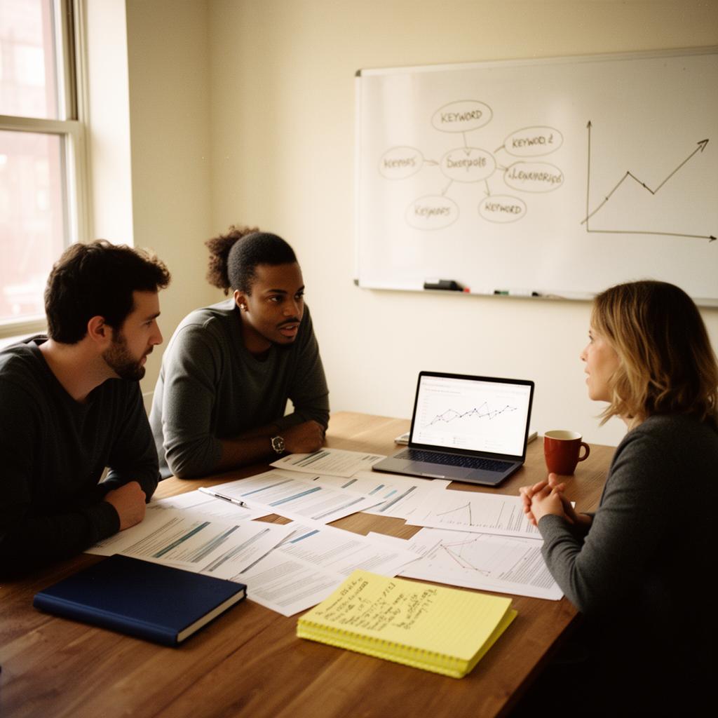 The SEO Priority team reviewing analytics reports and a keyword cluster diagram during a strategy meeting.